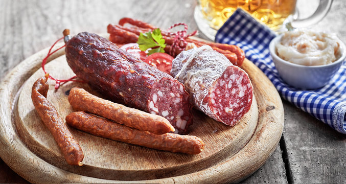 Assortment of spicy dried wild venison sausages