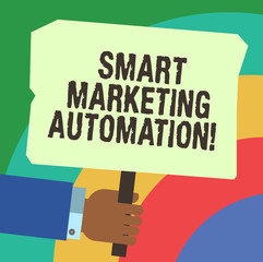 Handwriting text writing Smart Marketing Automation. Concept meaning Automate online marketing campaigns and sales Hu analysis Hand Holding Blank Colored Placard with Stick photo Text Space