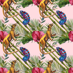 Watercolor tropical wildlife seamless pattern. Hand Drawn jungle nature, lemur, hibiscus flowers illustration - 271666239