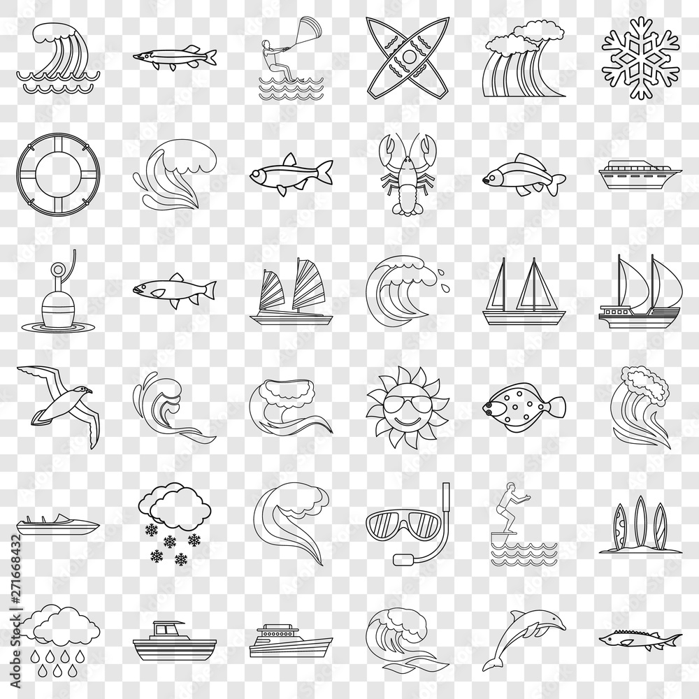 Poster wet icons set. outline style of 36 wet vector icons for web for any design