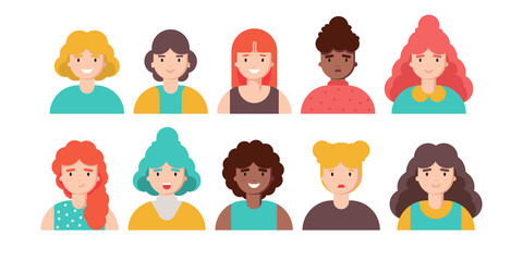 Collection of profile portraits or heads of female cartoon characters with various hairstyles and accessories isolated on white background. Set of avatars. Vector illustration in flat style