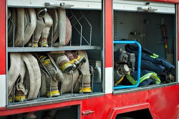 Demonstration of fire equipment at a school scientific exhibition. An open fire truck with a generator.