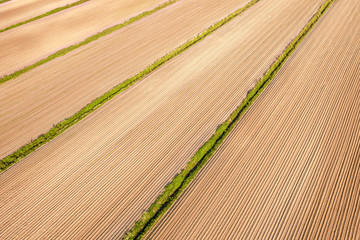 Plowed agricultural field aerial angle view