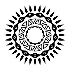 Abstract circular ornament. Isolated ethnic symbol. Stylized sun symbol. Rosette of geometric elements.