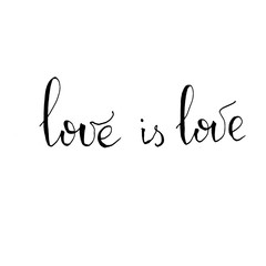 love is love. LGBT Pride hand drawn multicolor lettering on white background. Gay parade slogan.