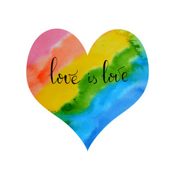 Rainbow hand drawn watercolor heart LGBT Pride design elements.  Poster, card, banner and background.