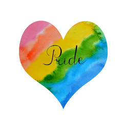 Rainbow hand drawn watercolor heart LGBT Pride design elements.  Poster, card, banner and background.