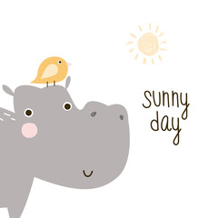Cute hippo and little bird with slogan. Kids fashion graphic. Vector hand drawn illustration.