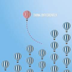 Think differently concept. Red balloon changing direction. New idea, change, trend, courage, creative solution, innovation and unique way concept. Vector 