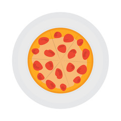 Top view of a pepperoni pizza on a plate - Vector