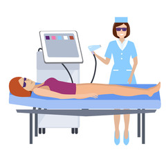 Flat modern illustration for laser hair removal, cosmetology, medicine on white background. The girl on the couch in the spa salon.
