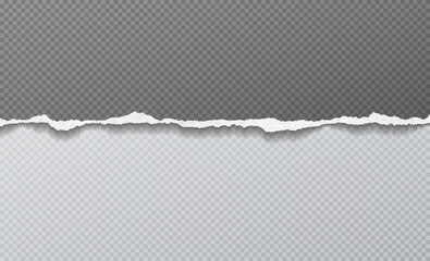Piece of torn horizontal paper strip is on grey squared background. Vector illustration