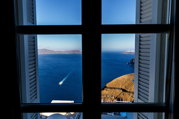 Window with view of sea , Santorini, Greece. Magnificent landscape