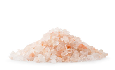 Fototapeta na wymiar Pile of big pink salt on a white background, isolated.