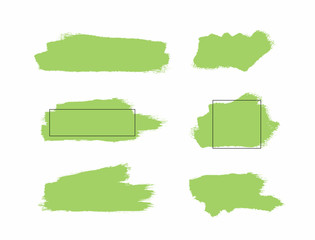 Set of green isolated paint stains and watercolor templates with frames. Grunge, sketch, splash.
