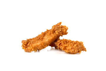 Fried chicken fillets on a white background. Fried chicken nuggets close-up.
