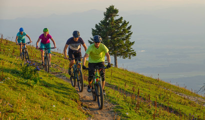 Four active friends riding their electric bikes down a narrow mountain trail.