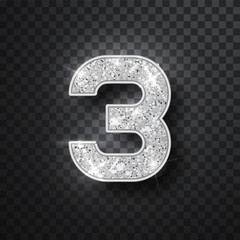 Silver glitter alphabet numbers 3 with shadow. Vector realistick shining silver font number three of sparkles on black background. For decoration of cute wedding, anniversary, party, label, headline