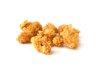 Slices of roasted meat on a white background. Fried chicken fillet close-up.