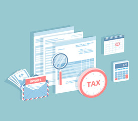 Payment of accounts and taxes. Filling and calculating tax form. Documents, envelope with invoice, calendar with a marked date, calculator, magnifying glass, clock. Isometric 3d vector illustration.