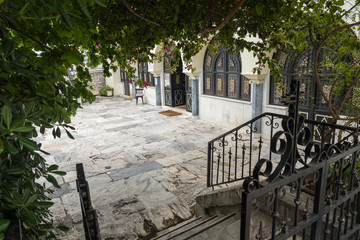 Steps into courtyard of St Catherine's Greek Orthodox church in Athens