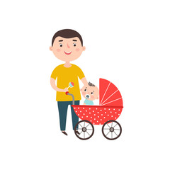 Father with a baby in a red stroller. Vector illustration