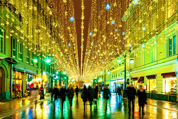 Moscow. Russia. New year celebration Moscow. Christmas streets decorations. Moscow streets in Christmas illumination garlands. Winter holidays festival. New year's weekend trip in Russian capital.