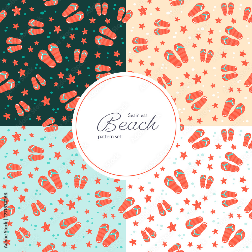 Poster vector seamless beach pattern set. collection of 4 repeat tiles consist of flat cartoon starfish and
