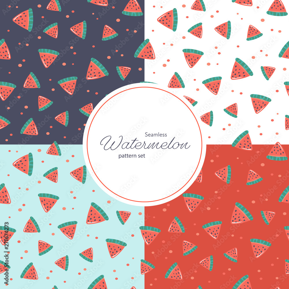 Poster vector seamless watermelon pattern set. collection of 4 repeat tiles consist of flat cartoon slices 