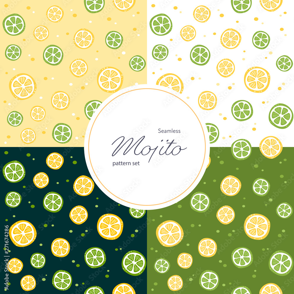 Poster vector seamless citrus pattern set. collection of 4 repeat tiles consist of flat cartoon lime and le