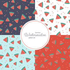 Fototapeta na wymiar Vector seamless watermelon pattern set. Collection of 4 repeat tiles consist of flat cartoon slices of watermelon sign and red dots. Design for summer fruit menu, web, poster, wrapping paper, backdrop