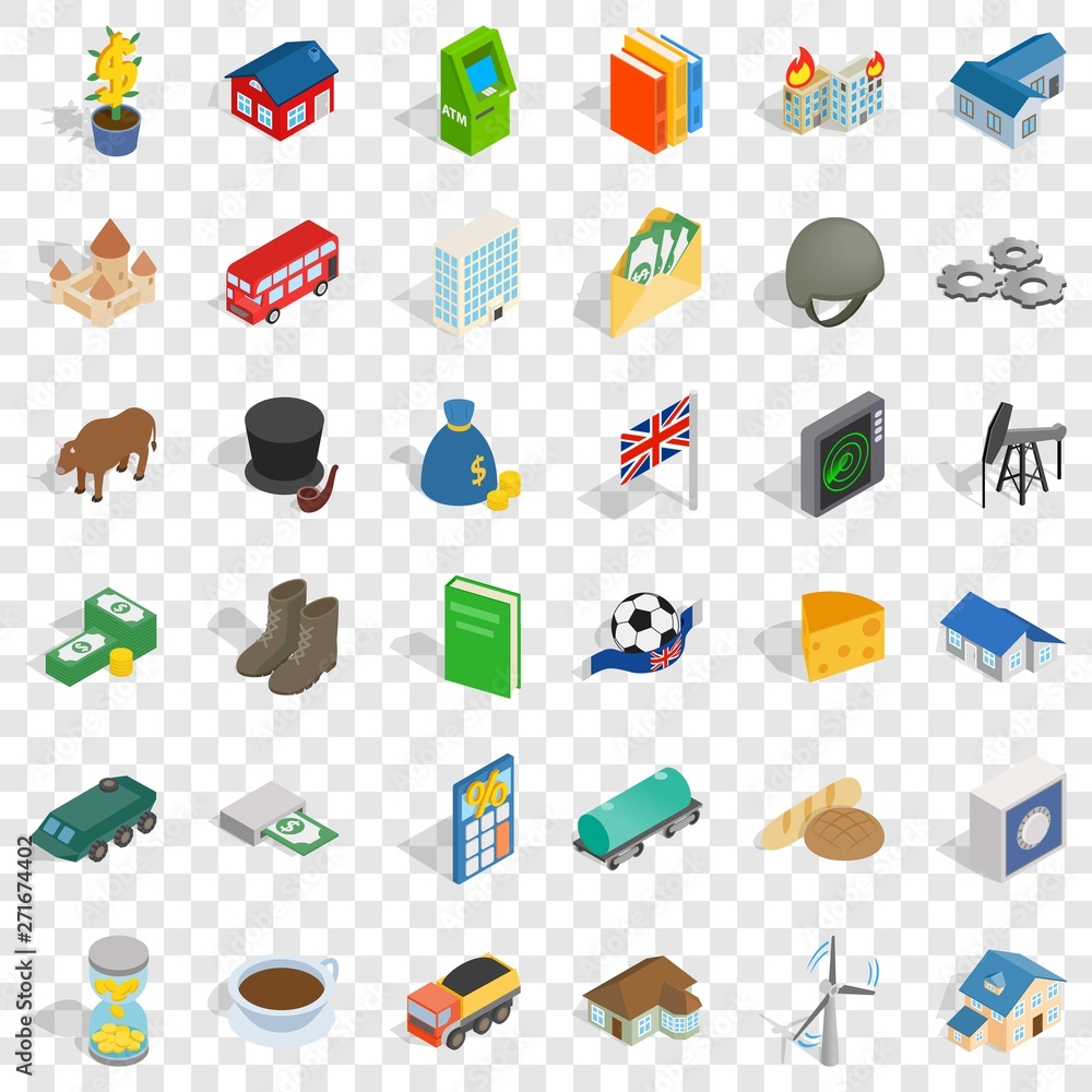 Poster currency icons set. isometric style of 36 currency vector icons for web for any design