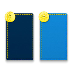Set of two vertical rectangular blue fabric banners. Label with seam. Yellow buttons. Sun, moon, day and night. Template with place for text. Isolated on white background. Eps10 vector illustration.