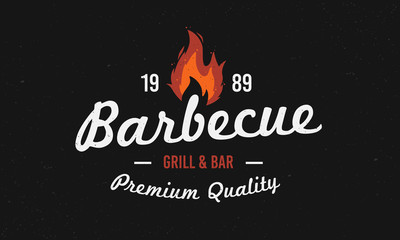 Barbecue logo. Retro grill restaurant logo with fire flame. Vintage design. Vector BBQ logo template
