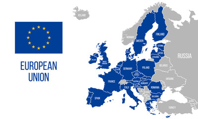 European Union political map. EU flag. Europe map isolated on a white background. Vector illustration - obrazy, fototapety, plakaty