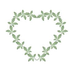 Oak leaves and heart shape frame. Heart entwined with green leaves. Suitable for invitations, cards, quotes, blogs, posters, highlights and others. Wedding theme.