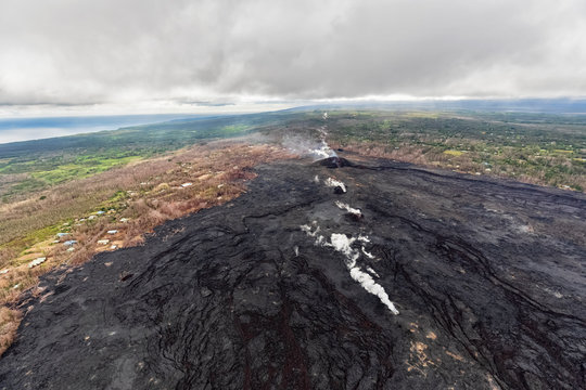 USA, Hawaii, Big Island, aerial view of the impacts of the volcanic eruption in