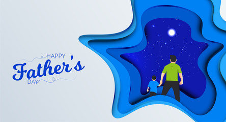 Father and son watching the blue sky view from hands. Happy Father's Day Calligraphy greeting card. Vector illustration.