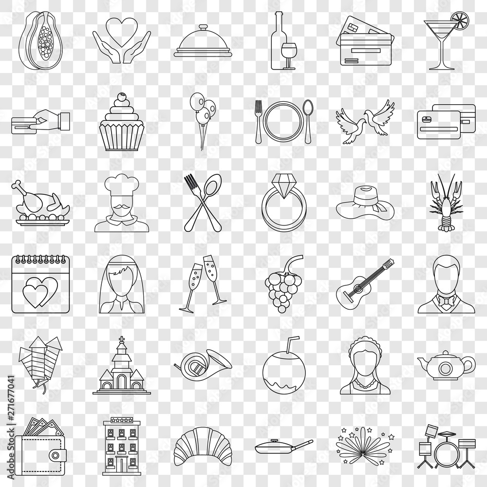 Poster present icons set. outline style of 36 present vector icons for web for any design