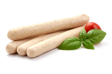 White Polish sausages for barbeque or grill, close-up, isolated on white background