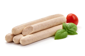 German White Thin sausages for barbeque or grill, close-up, isolated on white background
