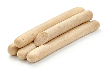 Fresh chicken sausages for barbeque or grill, close-up, isolated on white background