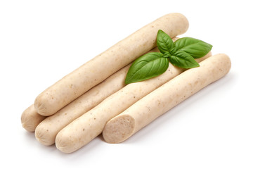 German White Thin sausages for barbeque or grill, close-up, isolated on white background