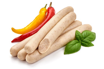 German White Thin sausages for barbeque or grill, close-up, isolated on white background