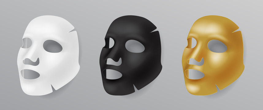 Set white, gold and black face mask, cosmetic procedures, rejuvenation, realistic vector illustration isolated.