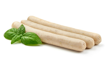 German White Thin sausages for barbeque or grill, close-up, isolated on white background