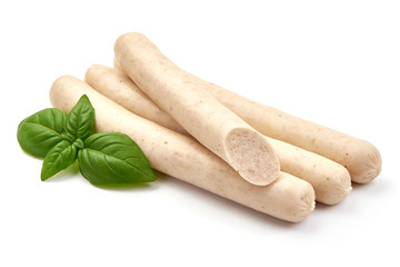 White Polish sausages for barbeque or grill, close-up, isolated on white background