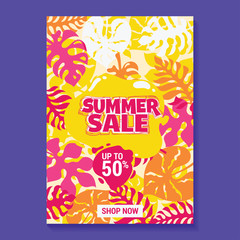 Summer Sale Illustration with Popsicle, Beach and Tropical Leaves Background