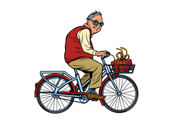 an old man with a gift, riding a Bicycle