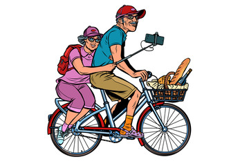 Obraz premium old man and old lady travelers on bike, selfie on smartphone